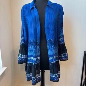 Liz and Me Blue and Black Pleated Patterned Button Up Lightweight Blouse 2X